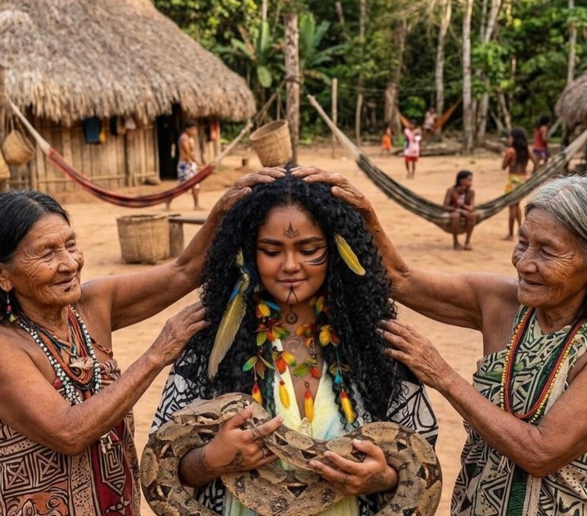 A-yá na aldeia, segurando uma jiboia, abençoada por duas anciãs que colocam as mãos sobre sua cabeça e seus ombros