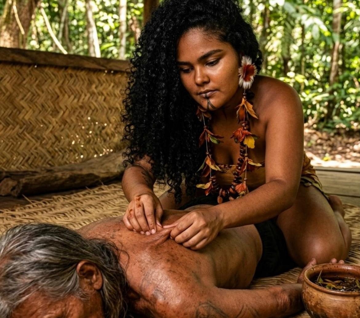 A-yá fazendo massagem terapêutica nas costas de um ancião deitado sobre uma esteira de palha, com uma cuia de ervas ao lado