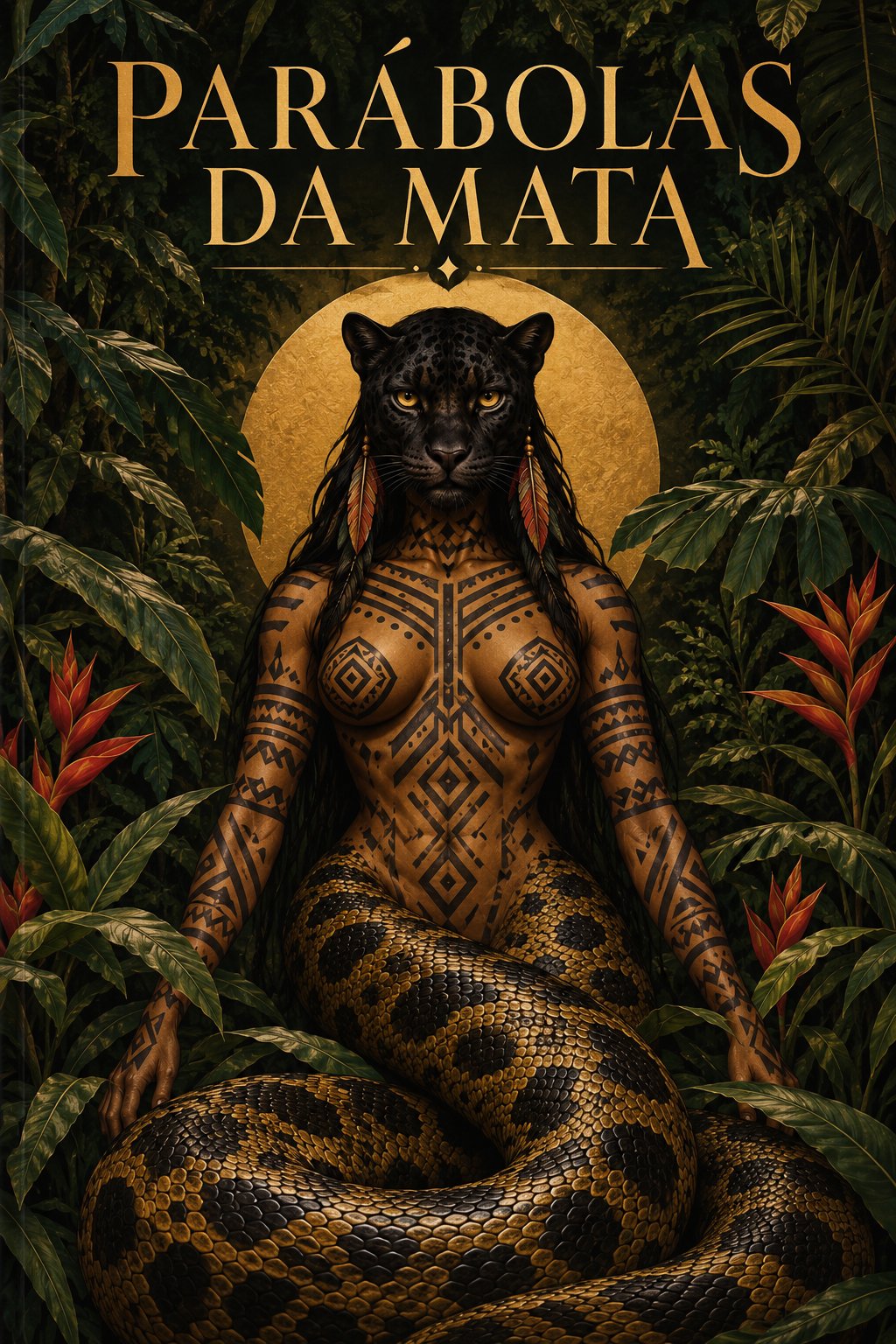 Capa de Parábolas das Matas: ser com cabeça de onça-preta, corpo de mulher indígena coberto de grafismos e cauda de sucuri, diante de um sol dourado na mata