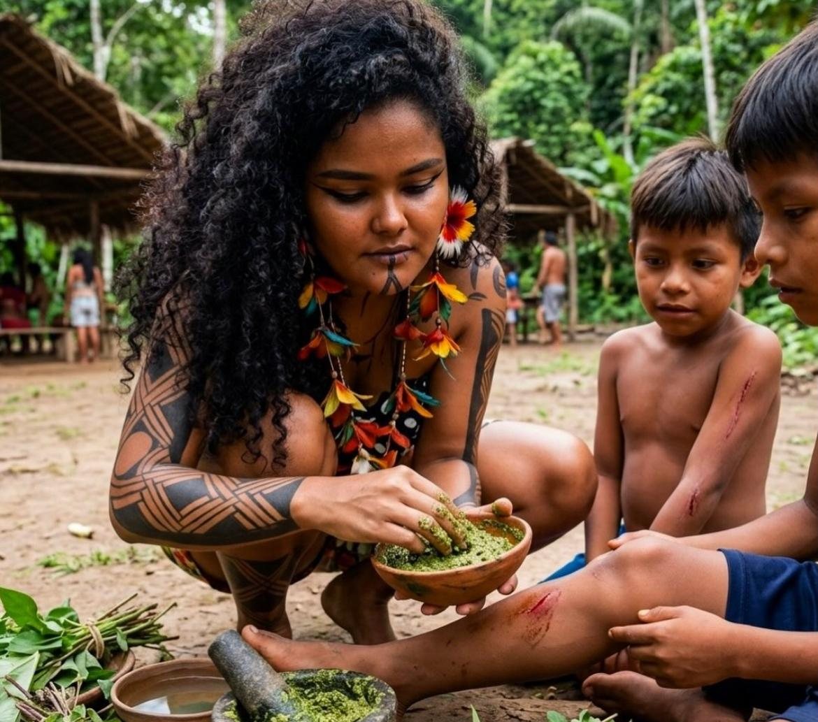 A-yá na aldeia preparando um emplasto de ervas numa cuia para tratar os ferimentos de duas crianças, com pilão e folhas frescas no chão